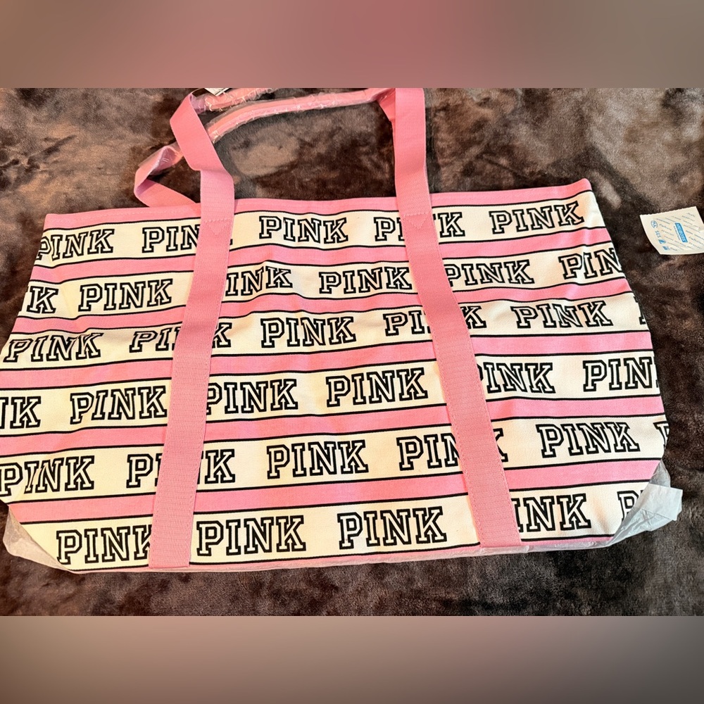 PINK Victoria's Secret Cream and Pink Logo Stripe Tote